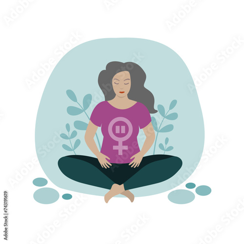 Meditating woman with menopause symbol  aging  wellbeing and women s health.