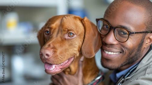 A smiling man with glasses and a dog. Generative AI.