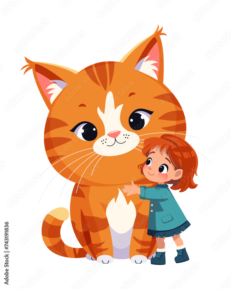 Obraz premium Smiling cute girl kid hugging happy big ginger tabby cat. Flat vector isolated illustration