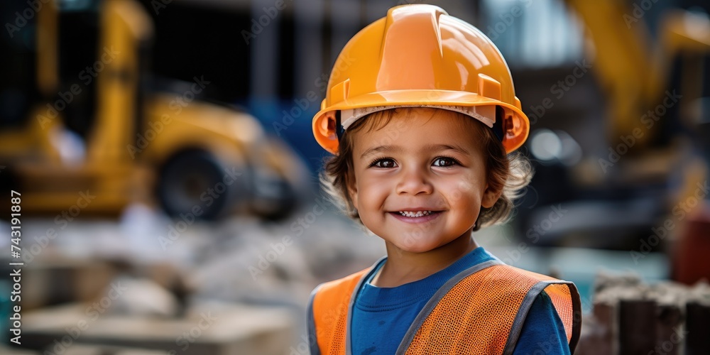 A pleased child boy wearing a construction worker's uniform A pleased child boy wearing a construction worker's uniform