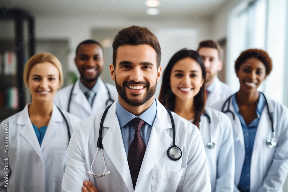 A group of happy doctors in the hospital. A group of happy doctors in the hospital.