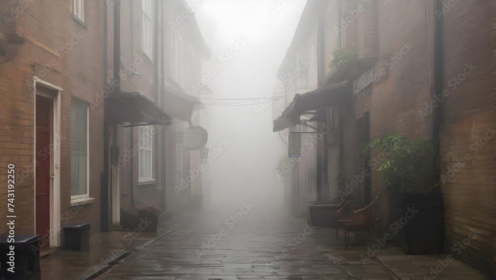 A narrow alleyway, enveloped in fog, details lost to a gentle, enveloping haze. generative AI