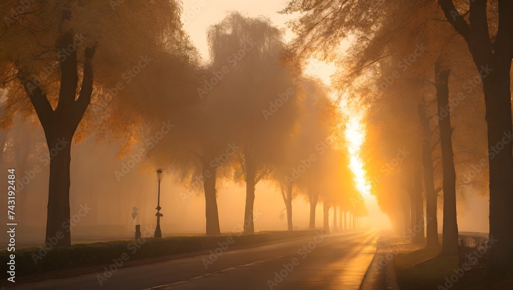 A sunset-lit avenue, the golden light diffusing everything into a warm, glowing mist. generative AI