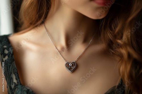 Heart pendant with diamonds on lace dress