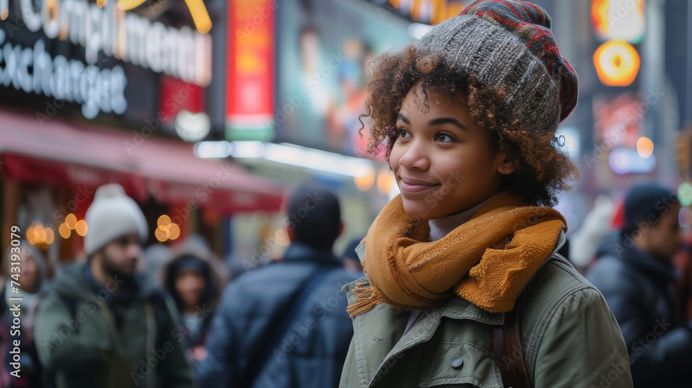 A happy young woman with a smile on the street of a big city A happy young woman with a smile on the street of a big city