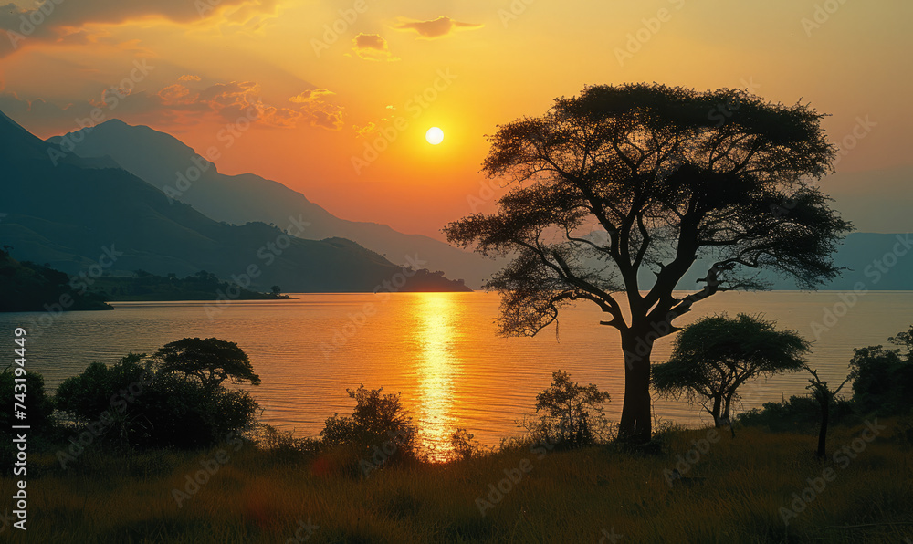 Nature's Majesty: Witness the Breathtaking Sunset Over a Serene Lake, With the Majestic Silhouette of Mount Kilimanjaro Gracing the Horizon