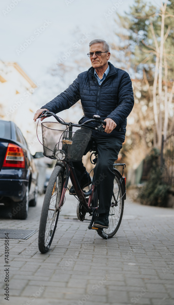 Active senior man enjoying a relaxing bike ride in the city.