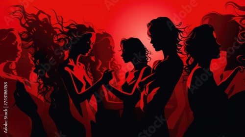 red. women of different ethnicities, cultures side by side together. Strong girls support each other. feminist movement