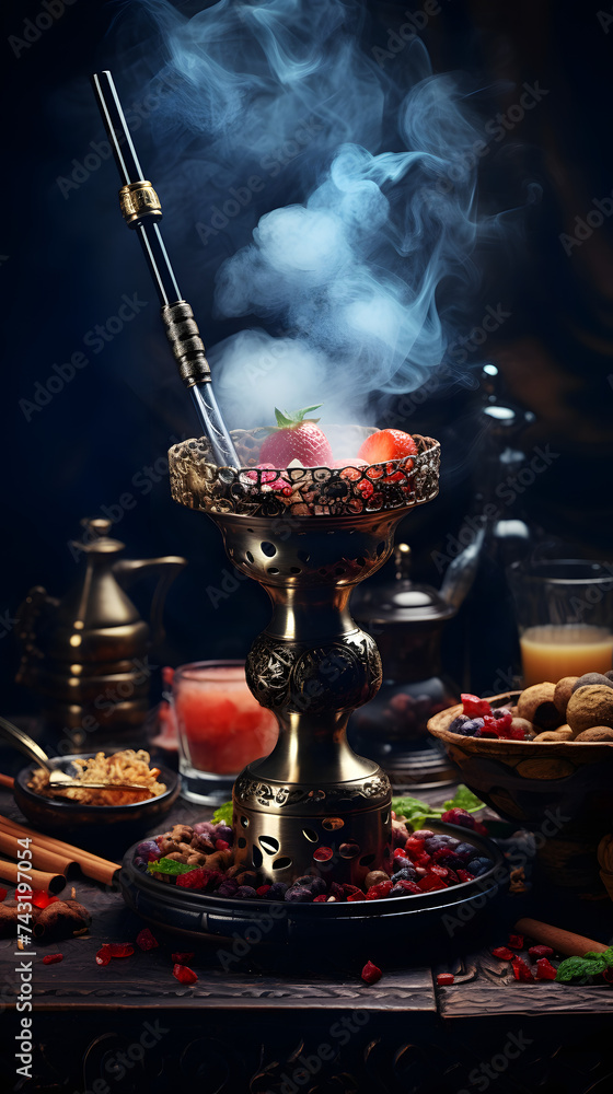 Smoking hookah, product photo of a Hookah, smoking