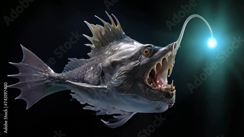 Humpback Anglerfish, Melanocetus johnsonii is deep-sea-dwelling fish. Humpback has specialized bioluminescent organ serving as lure to attract smaller fish and prey in oceans dark depths. AI-Generated photo