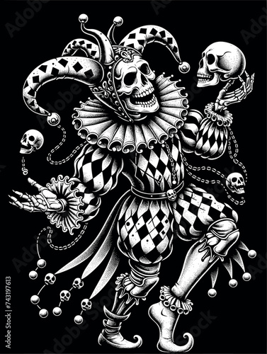Macabre Jester Dancing with Skulls in Dotwork Style
