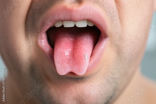 Open mouth close-up with tongue out, signs of potential oral health problems. Young Man Showing Signs of Oral Health Issues