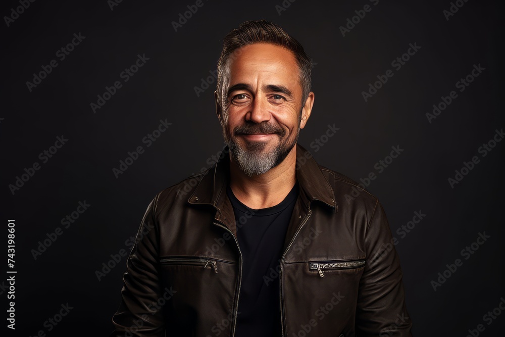Portrait of a handsome mature man in a leather jacket on a dark background. Portrait of a handsome mature man in a leather jacket on a dark background.