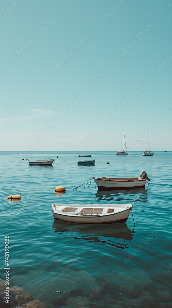 A calm bay with boats anchored offshore Calmness atmospheric photo footage for TikTok, Instagram, Reels, Shorts