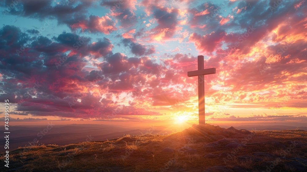 Obraz premium Holy cross on hill with dramatic sunrise background for Easter Christian resurrection of Jesus Christ.