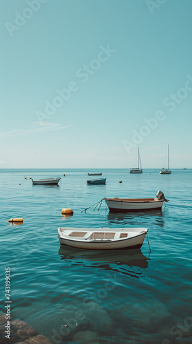 A calm bay with boats anchored offshore Calmness atmospheric photo footage for TikTok, Instagram, Reels, Shorts © SappiStudio