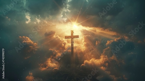  Holy cross on hill with dramatic sunrise background for Easter Christian resurrection of Jesus Christ. © ANEK