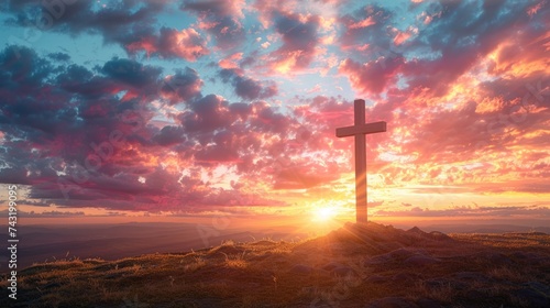  Holy cross on hill with dramatic sunrise background for Easter Christian resurrection of Jesus Christ.