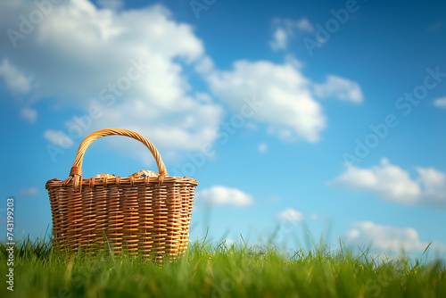 A wicker picnic basket sits on a grassy field, with a blue sky and clouds in the background, with copy space