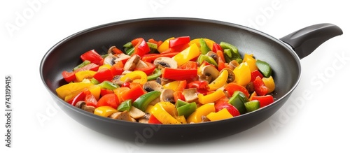A non-stick frying pan is filled with a colorful assortment of bell peppers and mushrooms, ready for roasting on a white table.