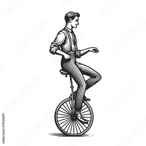 Circus performer rides one wheel unicycle sketch engraving generative ai fictional character vector illustration. Scratch board imitation. Black and white image.