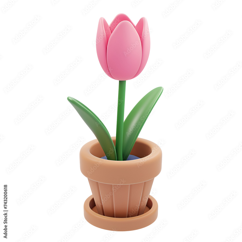 Blooming Pink Tulip on a Small Cute Colorful Plant in Cartoon Style, 3D Rendered in a Brown Pot for Home Interior Decoration, Isolated on Transparent Background, PNG