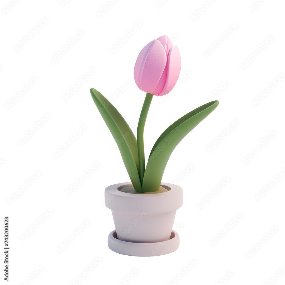 Pink Tulip Blooming on a Small Cute Colorful Plant in Cartoon Style, Placed in a Brown Pot for 3D Rendering Home Interior Decoration, Isolated on Transparent Background, PNG