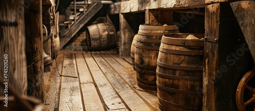 The room is densely packed with numerous wooden barrels of various sizes. The barrels are stacked on top of each other  filling the space from floor to ceiling. Each barrel is intricately crafted with