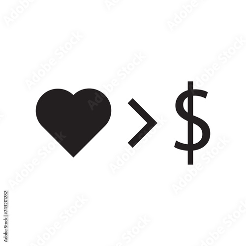 Heart sign over dollar sign. Love is more valuable than money sign