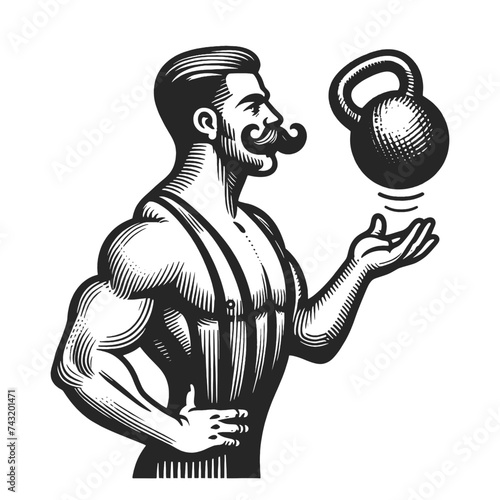 Circus strongman juggles kettlebells weights sketch engraving generative ai fictional character vector illustration. Scratch board imitation. Black and white image.