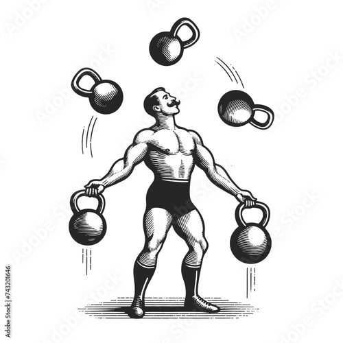 Circus strongman juggles kettlebells weights sketch engraving generative ai fictional character vector illustration. Scratch board imitation. Black and white image.