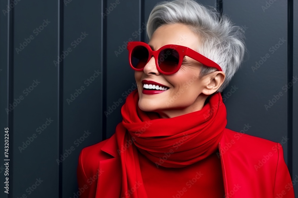 Portrait of a beautiful middle-aged woman wearing red sunglasses and a red scarf. Portrait of a beautiful middle-aged woman wearing red sunglasses and a red scarf.