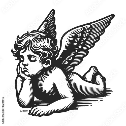 Bored cupid angel baby sketch engraving generative ai fictional character vector illustration. Scratch board imitation. Black and white image.