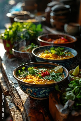 A bowl of Asian soup with noodles, chili and herbs in meat broth. Thai and Vietnamese cuisine.