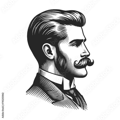 Old fashioned gentleman with mustache and hat sketch engraving generative ai fictional character vector illustration. Scratch board imitation. Black and white image.