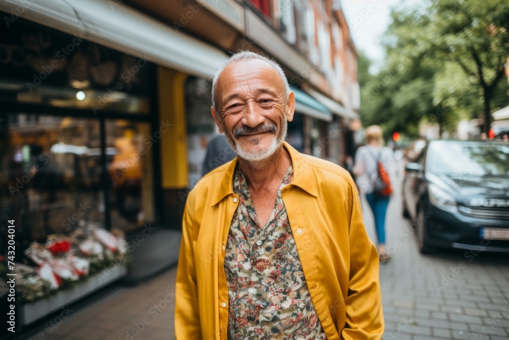 Portrait of a senior man in a yellow jacket walking in the city. Portrait of a senior man in a yellow jacket walking in the city.