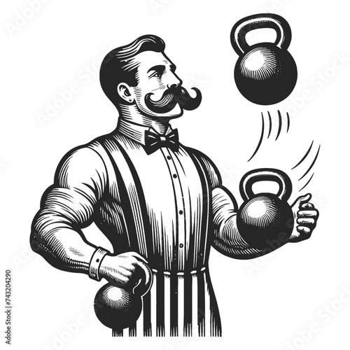 Circus strongman juggles kettlebells weights sketch engraving generative ai fictional character vector illustration. Scratch board imitation. Black and white image.