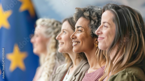 Confident strong women of different ages and nationalities standing in a row next to the European Union flag. Social agenda equality female political participation concept photo