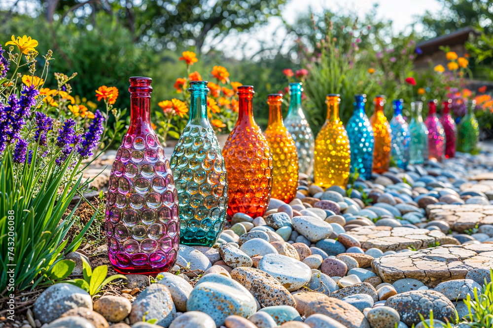 Fototapeta premium Line of glass bottles lining path in a garden, yard, DIY outdoor decor