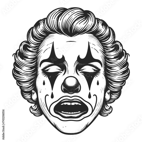 Face of sad crying circus clown in makeup sketch engraving generative ai fictional character vector illustration. Scratch board imitation. Black and white image.
