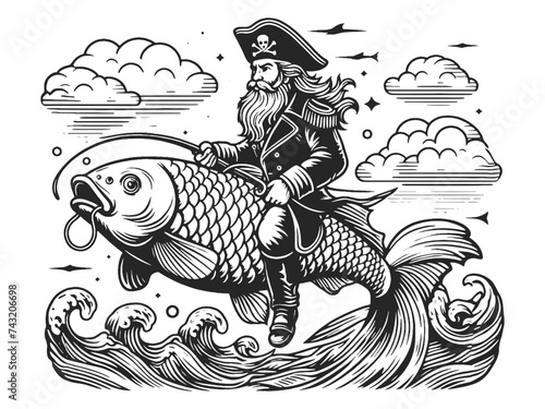 Pirate captain riding fish sketch engraving generative ai vector illustration. T-shirt apparel print design. Scratch board imitation. Black and white image.