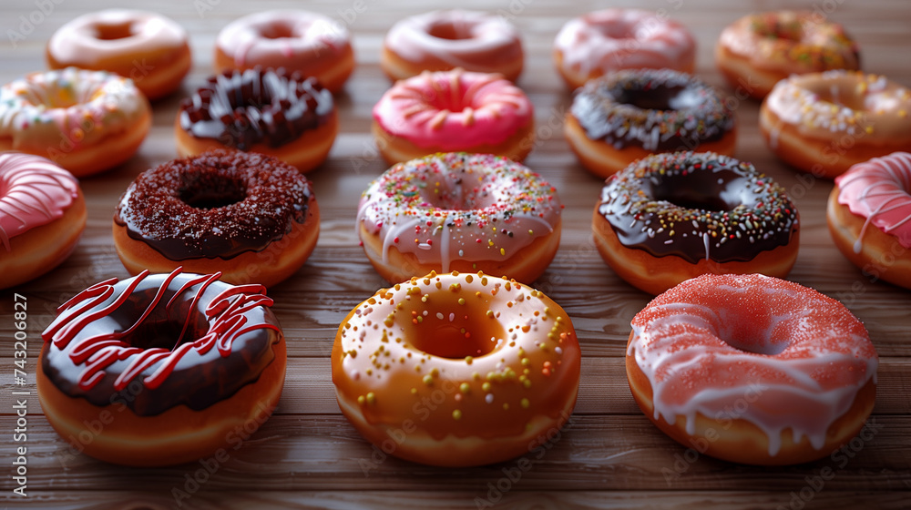 A bunch of donuts on a wooden table, a dessert for all occasions