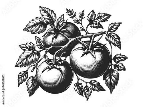 Tomato branch plant food plant sketch engraving generative ai vector illustration. Scratch board imitation. Black and white image.