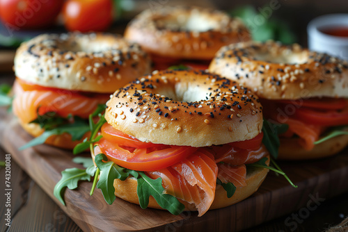 Bagels with smoked salmon and vegetables on wood Generative AI image photo