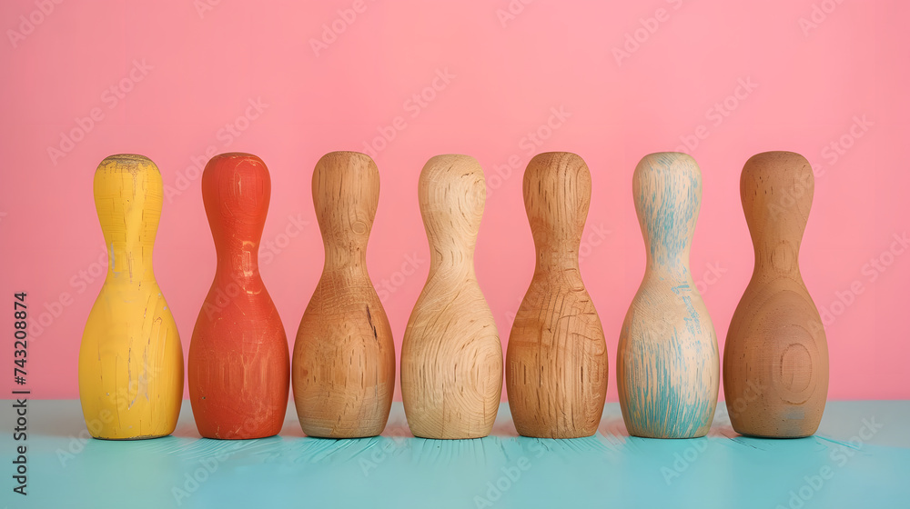 A row of painted wooden bowling pins stands in a line, showcasing a vibrant array of colors with a dual-tone pink and blue backdrop, giving off a fun, playful vibe A row of painted wooden bowling pins stands in a line, showcasing a vibrant array of colors with a dual-tone pink and blue backdrop, giving off a fun, playful vibe