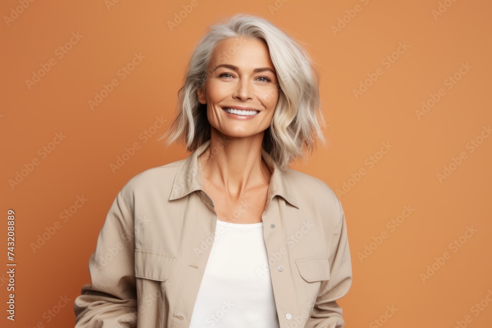 smiling mature woman in beige shirt over brown background, portrait smiling mature woman in beige shirt over brown background, portrait