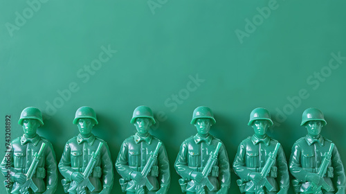 A row of green plastic toy soldiers is neatly arranged in profile, each molded in a standing pose with varying military equipment, showcased against a monochromatic teal backdrop.  photo