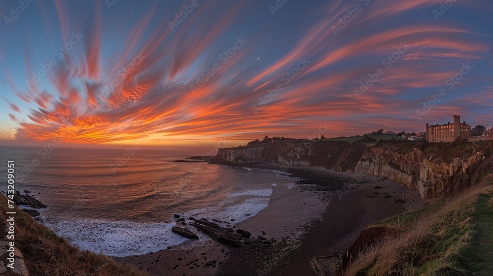Panoramic Sunset with Streaked Clouds Over Coastal Cliffs