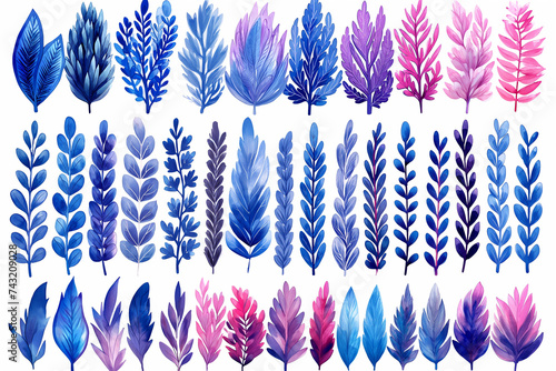 feuilles d'arbre et plumes, dessin aquarelle pour conception graphique, tons froids, couleur bleu, mauve, violet, rose