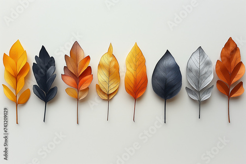 feuilles d'arbre, dessin realiste, pour conception graphique, couleurs d'automne, noir, marron, orange, gris